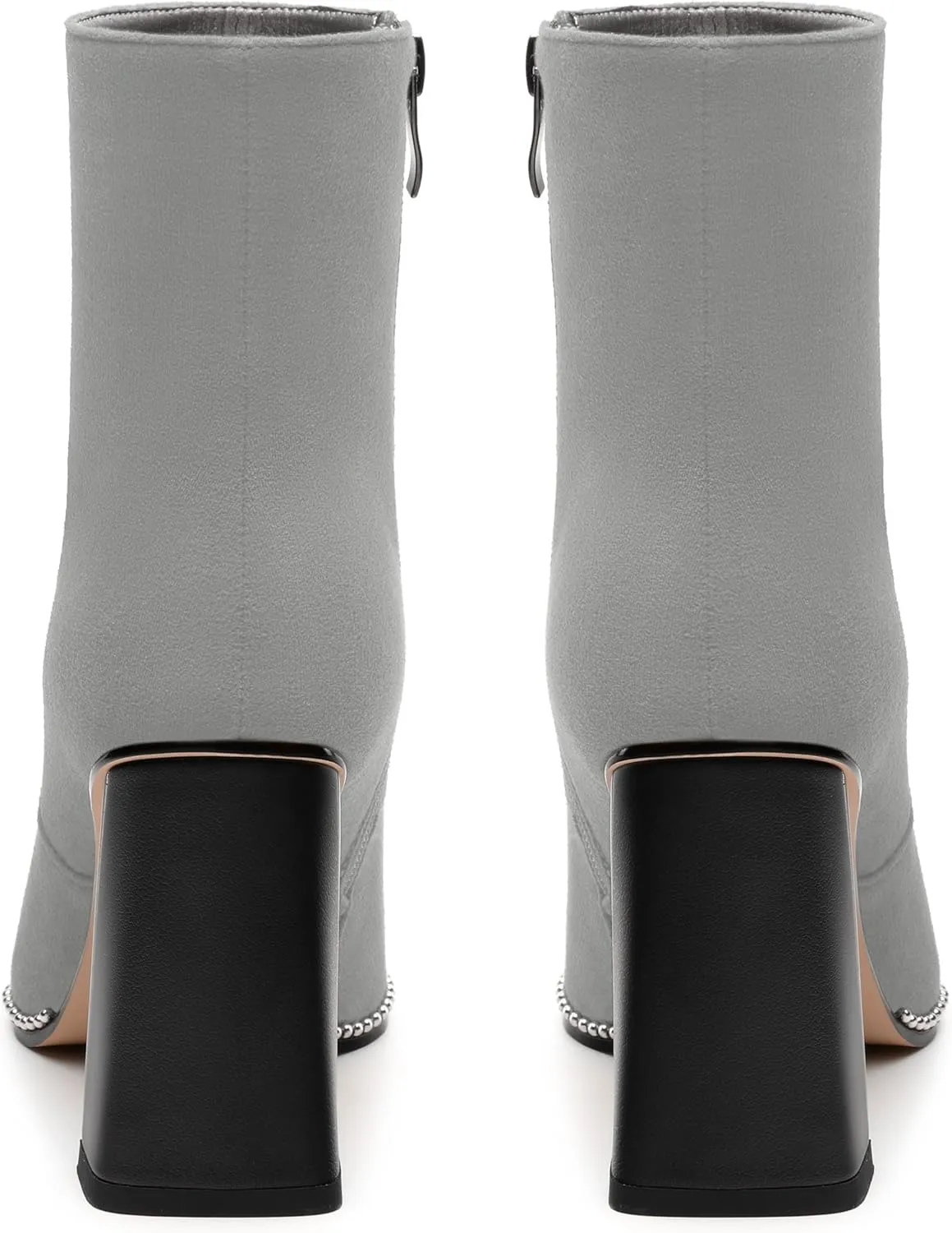 Womens Heeled Ankle Boots, Pointed Toe Chunky Heel Ankle Booties for Women, Silver Beaded Short Boots with Side Zipper 3.5"