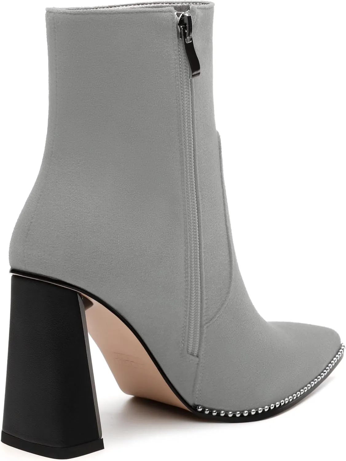 Womens Heeled Ankle Boots, Pointed Toe Chunky Heel Ankle Booties for Women, Silver Beaded Short Boots with Side Zipper 3.5"