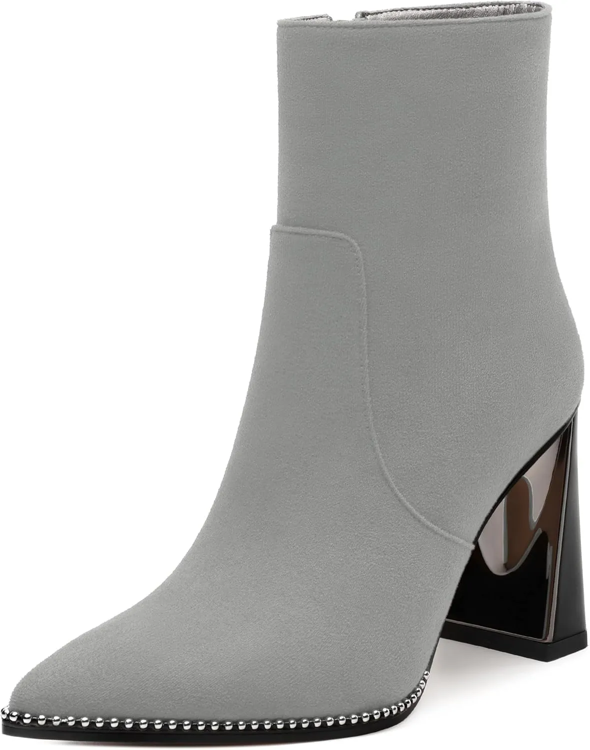 Womens Heeled Ankle Boots, Pointed Toe Chunky Heel Ankle Booties for Women, Silver Beaded Short Boots with Side Zipper 3.5"