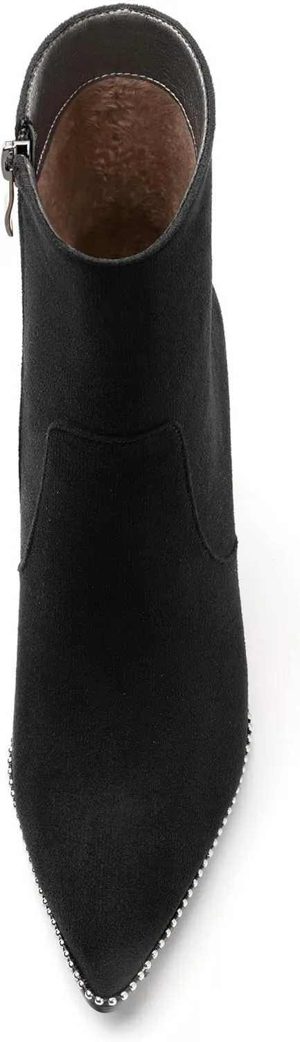 Womens Heeled Ankle Boots, Pointed Toe Chunky Heel Ankle Booties for Women, Silver Beaded Short Boots with Side Zipper 3.5"