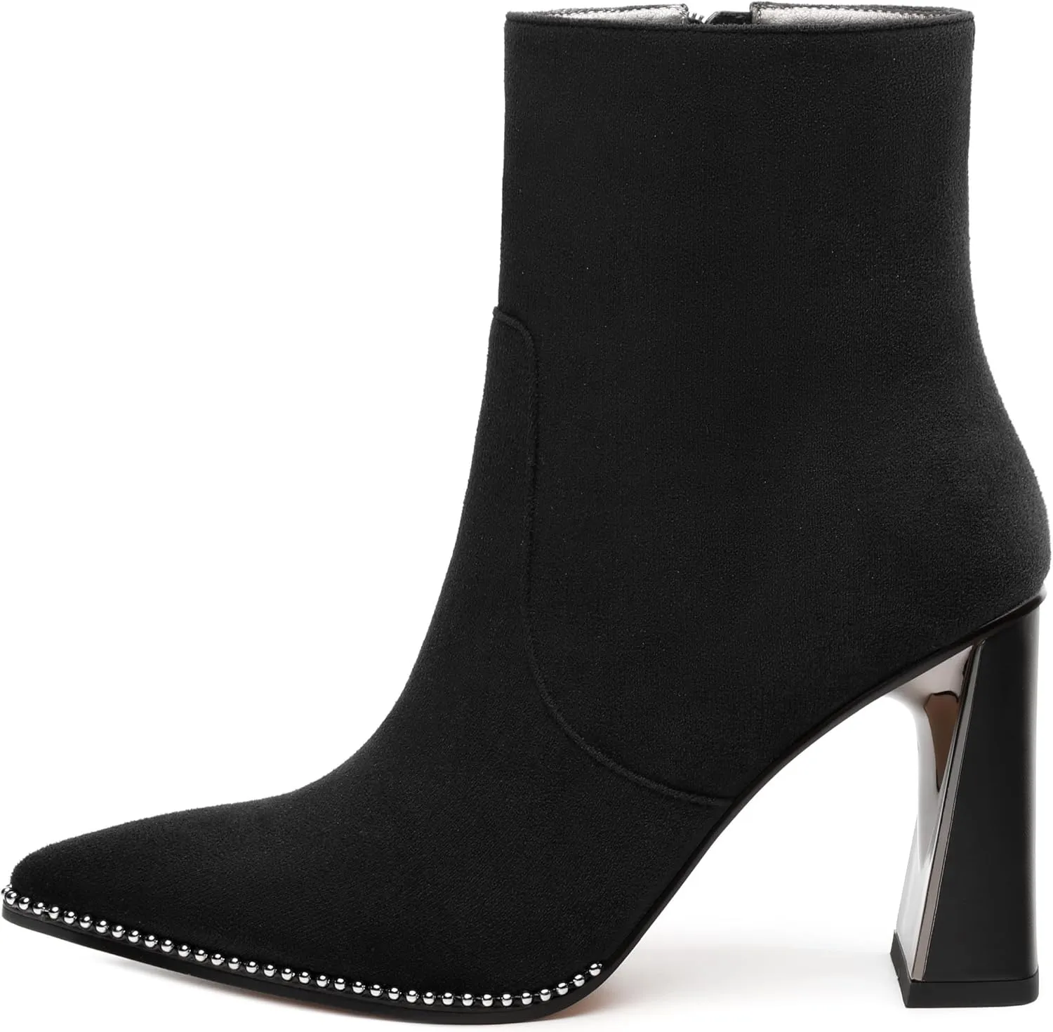 Womens Heeled Ankle Boots, Pointed Toe Chunky Heel Ankle Booties for Women, Silver Beaded Short Boots with Side Zipper 3.5"