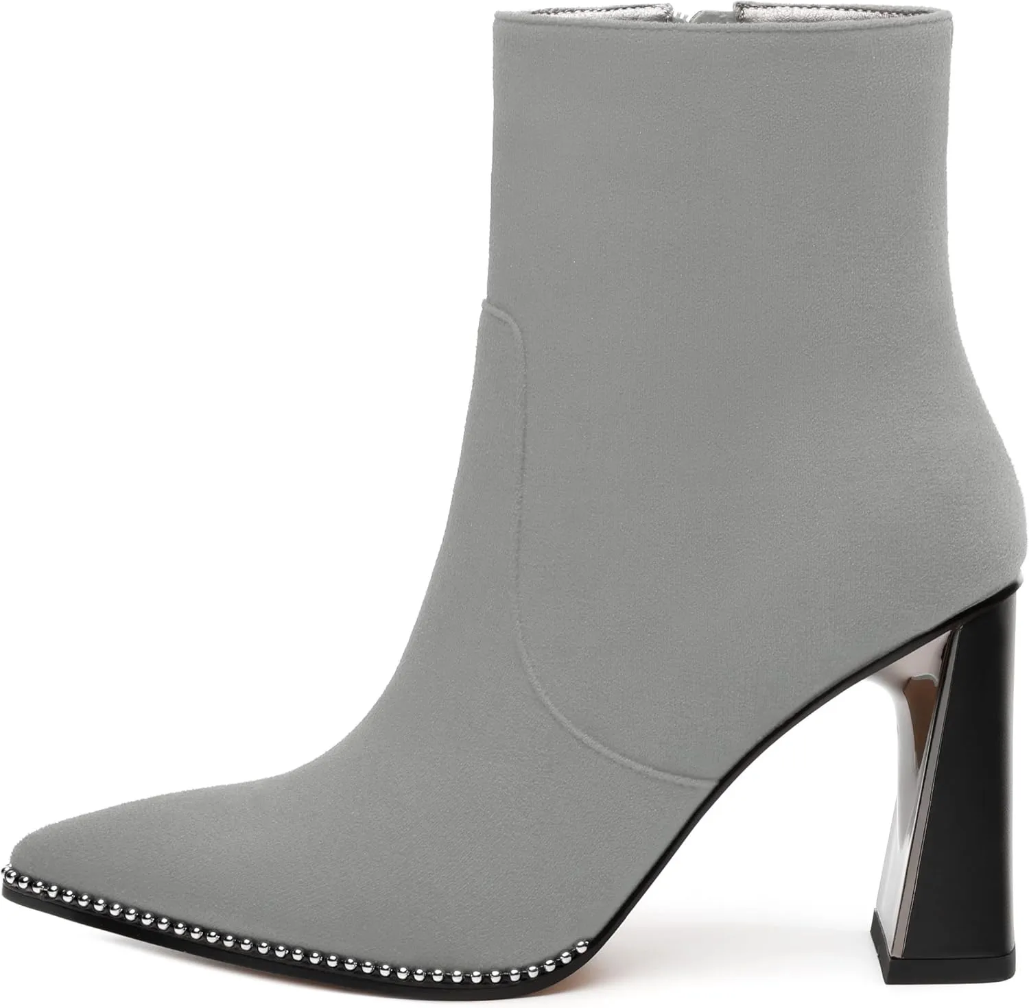 Womens Heeled Ankle Boots, Pointed Toe Chunky Heel Ankle Booties for Women, Silver Beaded Short Boots with Side Zipper 3.5"