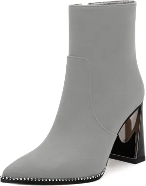 Womens Heeled Ankle Boots, Pointed Toe Chunky Heel Ankle Booties for Women, Silver Beaded Short Boots with Side Zipper 3.5"