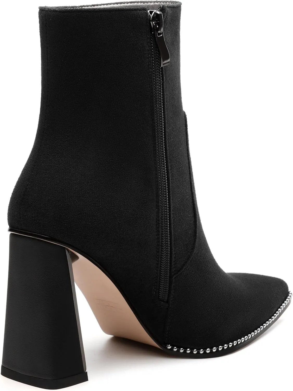 Womens Heeled Ankle Boots, Pointed Toe Chunky Heel Ankle Booties for Women, Silver Beaded Short Boots with Side Zipper 3.5"