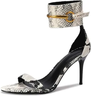 Women's Heeled Sandals Pointed Snake pattern Pumps Ankle Strap Buckle Open Toe Stiletto Summer Shoes For Party Workplace Dinner Dating 3.54in