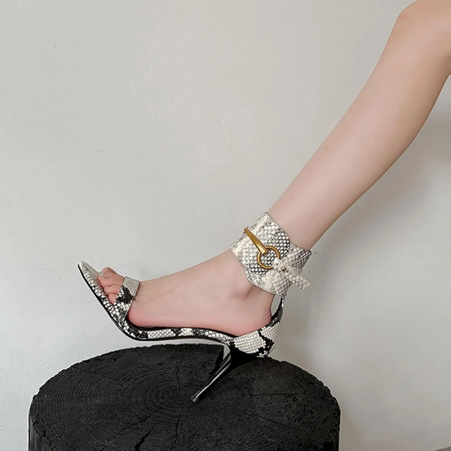 Women's Heeled Sandals Pointed Snake pattern Pumps Ankle Strap Buckle Open Toe Stiletto Summer Shoes For Party Workplace Dinner Dating 3.54in