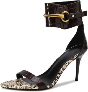 Women's Heeled Sandals Pointed Snake pattern Pumps Ankle Strap Buckle Open Toe Stiletto Summer Shoes For Party Workplace Dinner Dating 3.54in