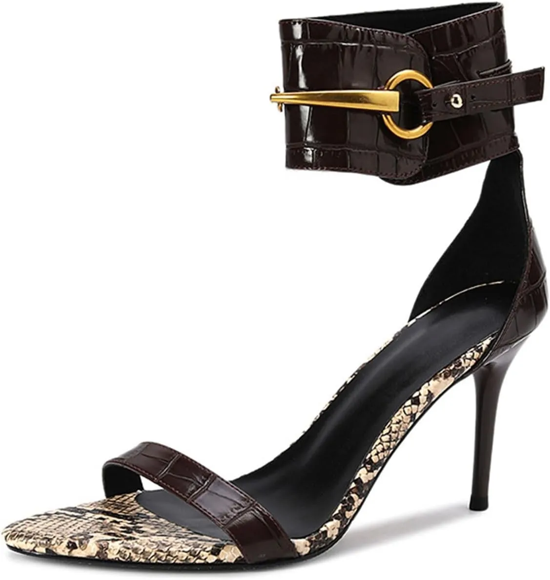 Women's Heeled Sandals Pointed Snake pattern Pumps Ankle Strap Buckle Open Toe Stiletto Summer Shoes For Party Workplace Dinner Dating 3.54in