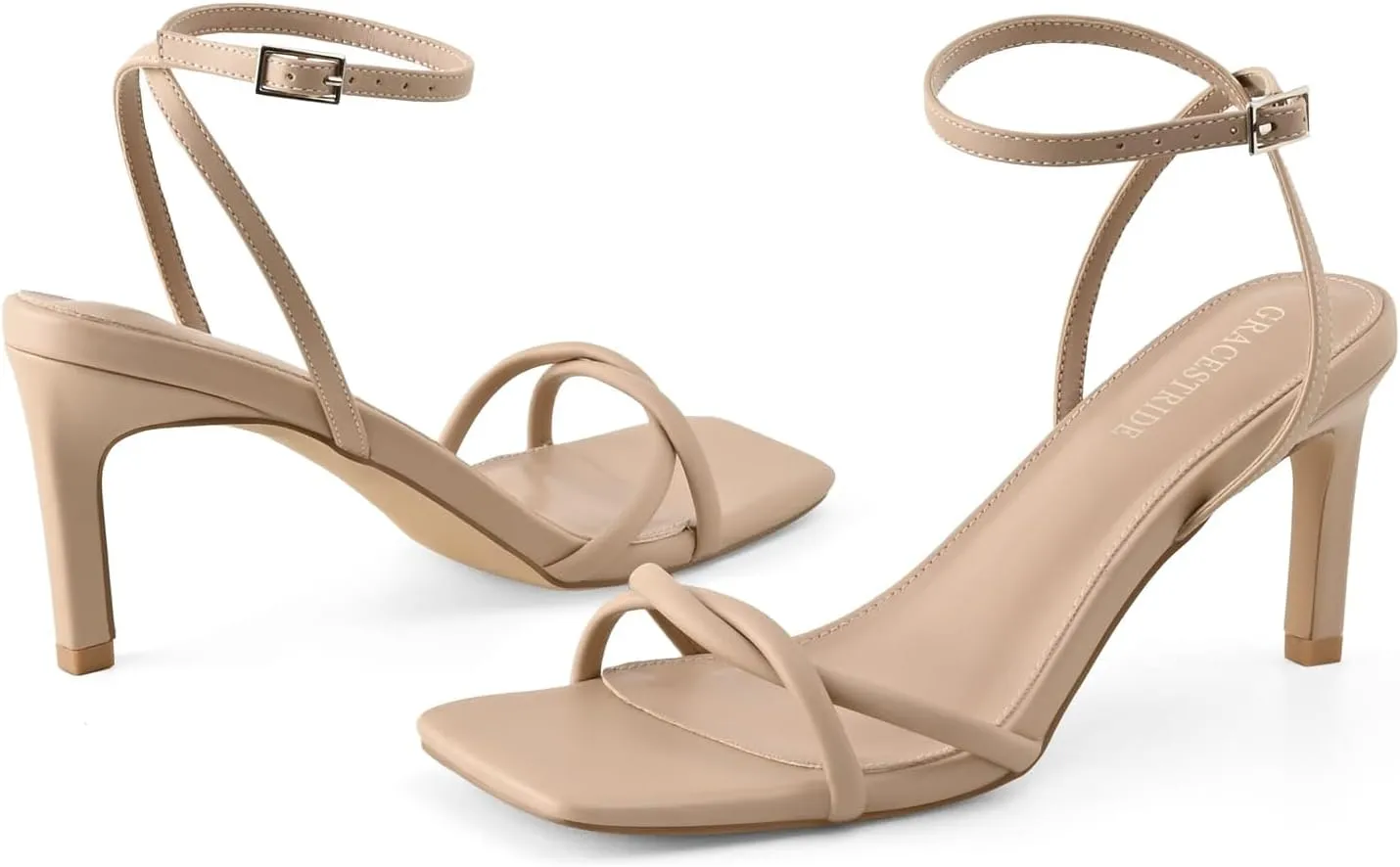 Women’s Heeled Sandals Strappy Stilettos Square Open Toe Heels Ankle Strap Comfort Dress Wedding Party Shoes