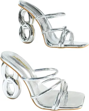 Women's High Heel Sandals – Modern Square-Toe Dress Sandals with Silver Ring Heel, Elegant Strappy Heels for Parties, Dates & Special Occasions