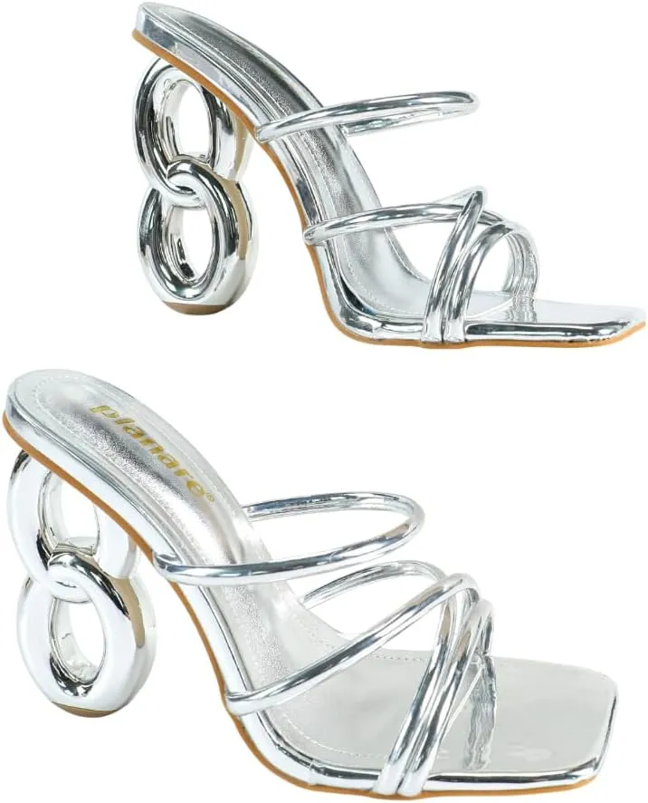 Women's High Heel Sandals – Modern Square-Toe Dress Sandals with Silver Ring Heel, Elegant Strappy Heels for Parties, Dates & Special Occasions