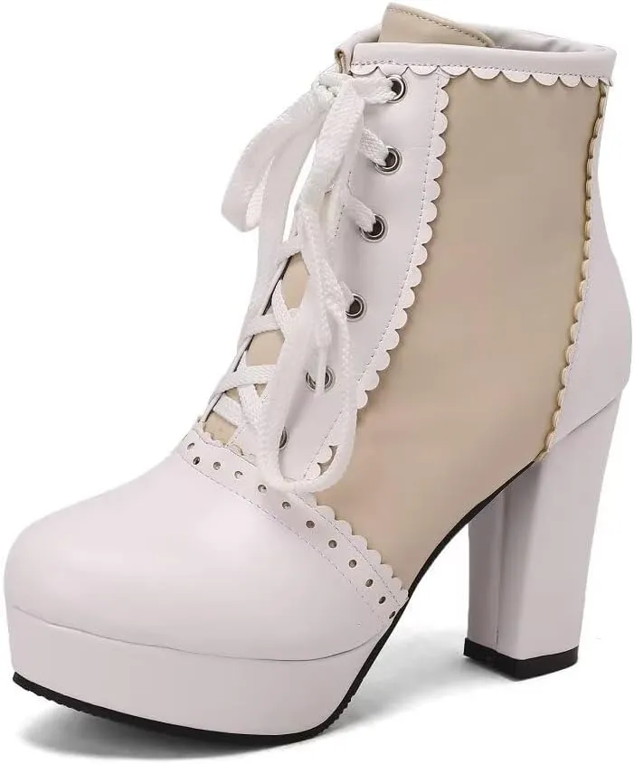 Women's Kawaii Chunky Lace up Booties, Cute High Heel Ankle Boots, Lolita Platform Heeled Combat Boots