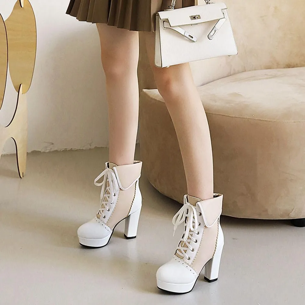 Women's Kawaii Chunky Lace up Booties, Cute High Heel Ankle Boots, Lolita Platform Heeled Combat Boots