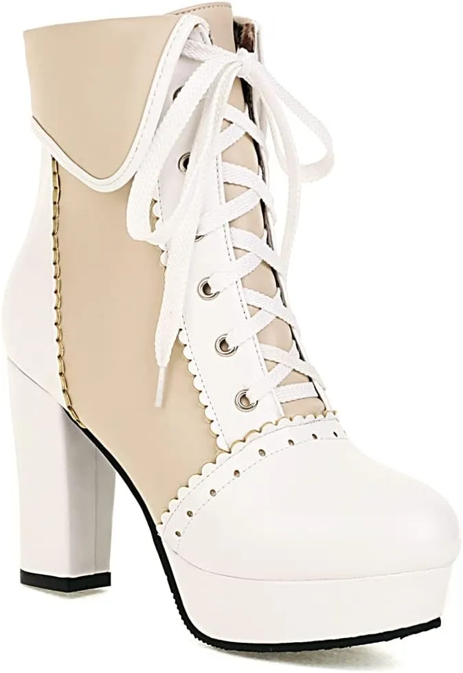 Women's Kawaii Chunky Lace up Booties, Cute High Heel Ankle Boots, Lolita Platform Heeled Combat Boots