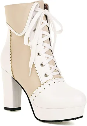 Women's Kawaii Chunky Lace up Booties, Cute High Heel Ankle Boots, Lolita Platform Heeled Combat Boots