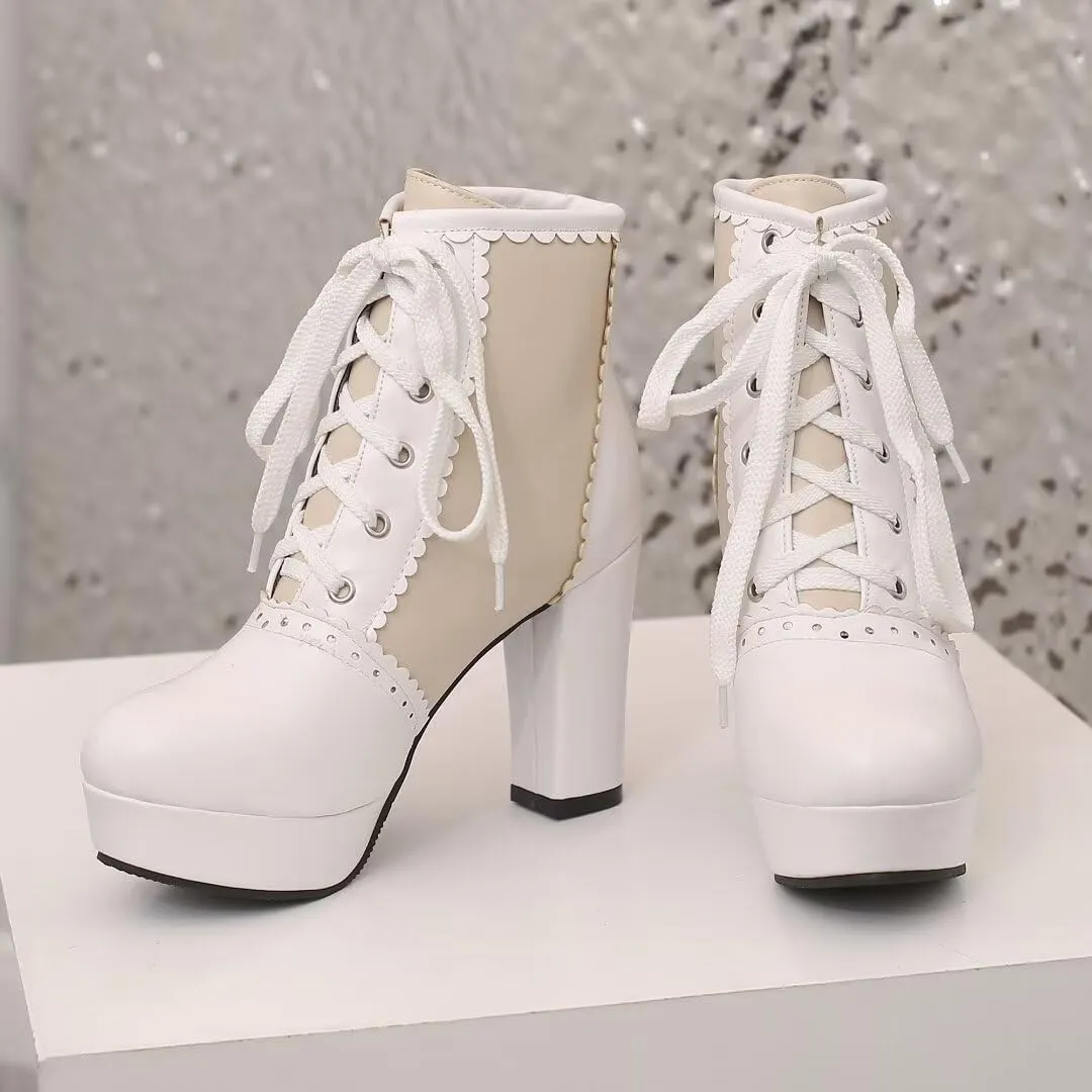 Women's Kawaii Chunky Lace up Booties, Cute High Heel Ankle Boots, Lolita Platform Heeled Combat Boots