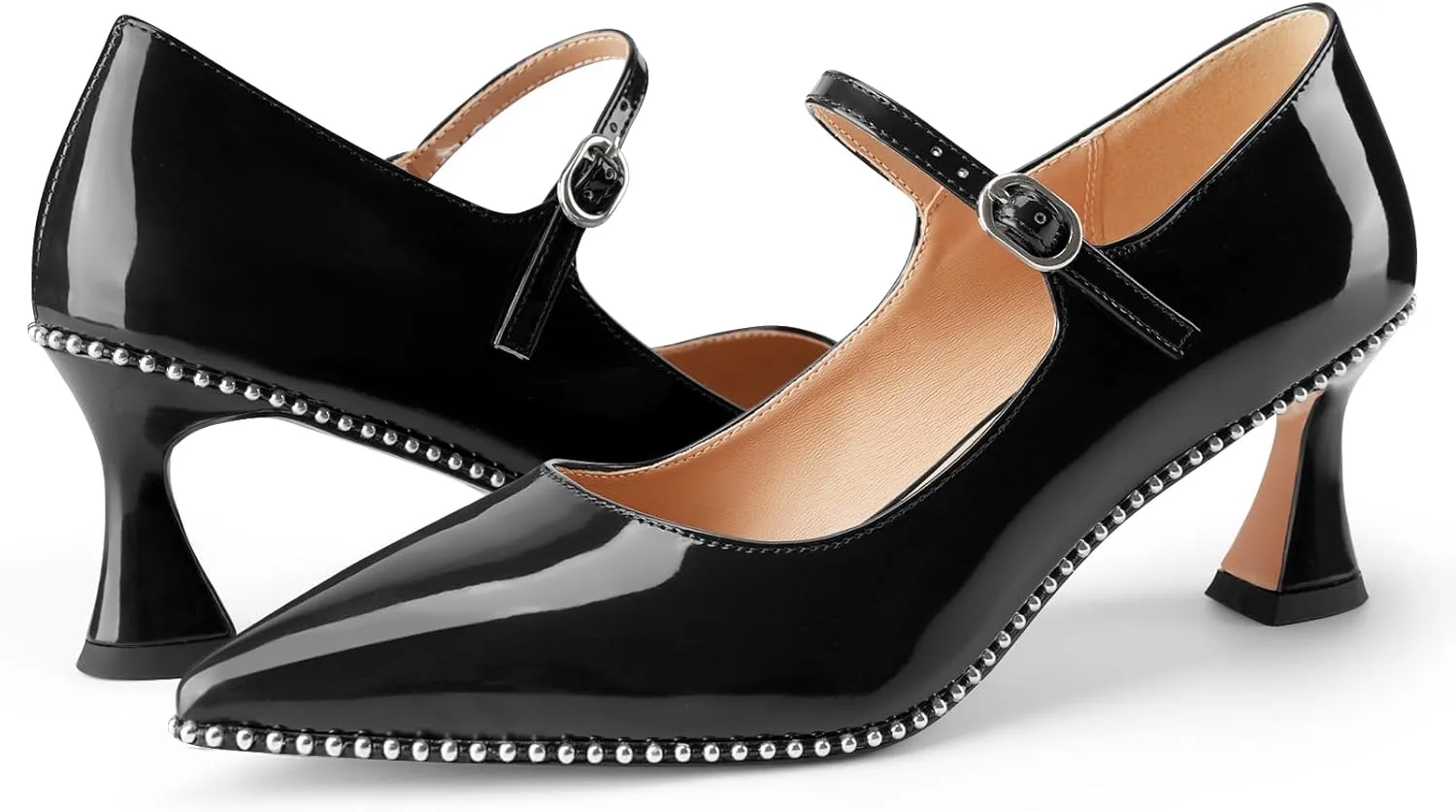 Women's Kitten Heels Patent Leather Closed Toe Heeled Mary Jane Pumps Ankle Strap Beaded Dressy Prom Wedding Sandals Shoes 2 inch