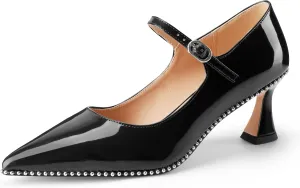 Women's Kitten Heels Patent Leather Closed Toe Heeled Mary Jane Pumps Ankle Strap Beaded Dressy Prom Wedding Sandals Shoes 2 inch