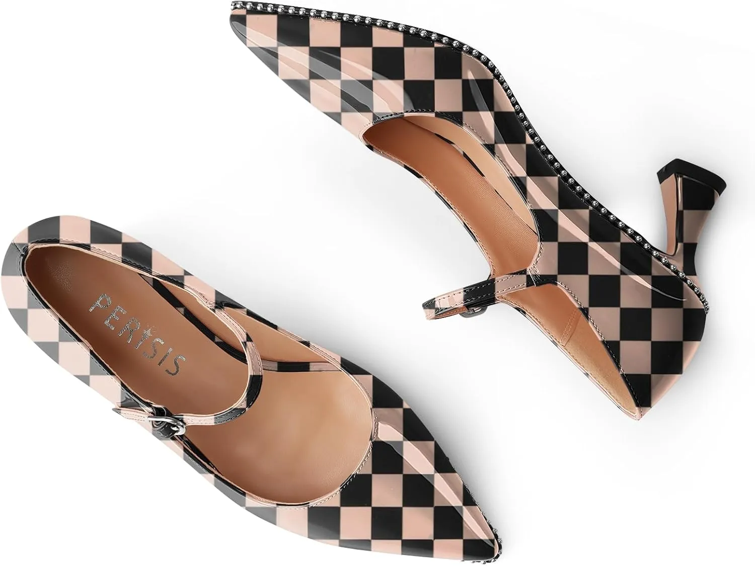 Women's Kitten Heels Patent Leather Closed Toe Heeled Mary Jane Pumps Ankle Strap Beaded Dressy Prom Wedding Sandals Shoes 2 inch