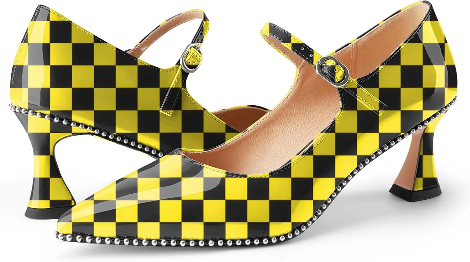 Women's Kitten Heels Patent Leather Closed Toe Heeled Mary Jane Pumps Ankle Strap Beaded Dressy Prom Wedding Sandals Shoes 2 inch