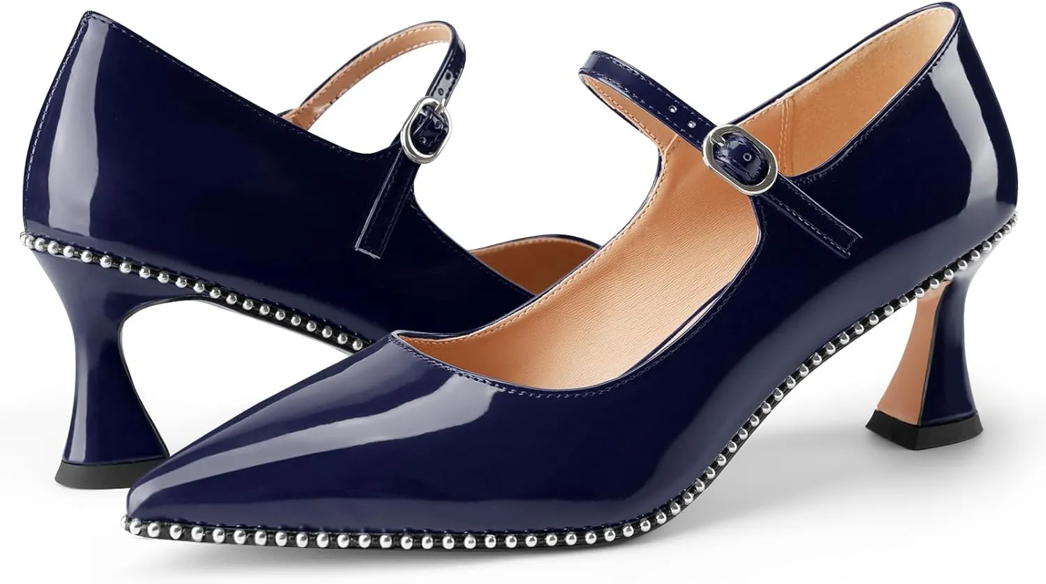 Women's Kitten Heels Patent Leather Closed Toe Heeled Mary Jane Pumps Ankle Strap Beaded Dressy Prom Wedding Sandals Shoes 2 inch