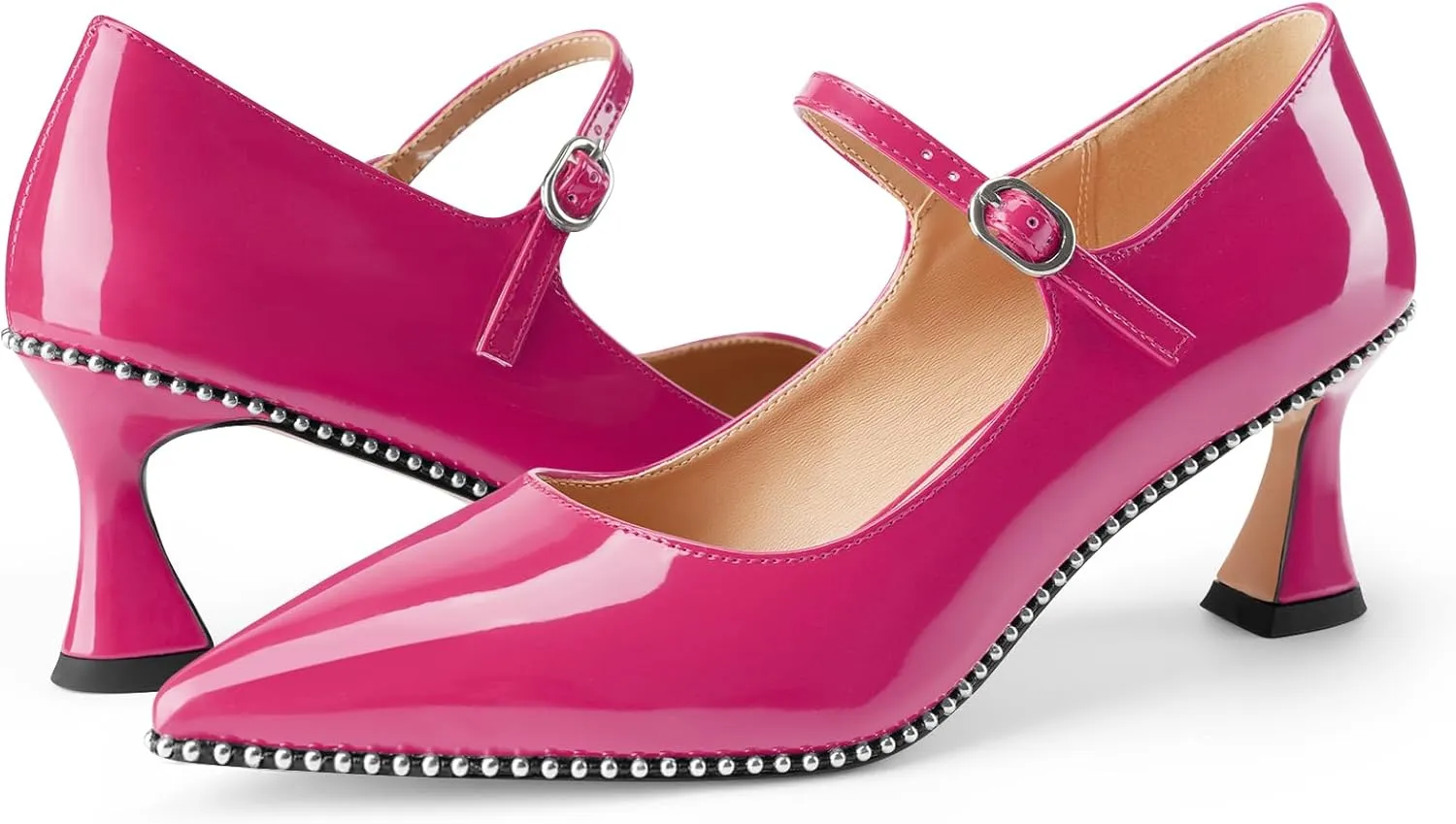 Women's Kitten Heels Patent Leather Closed Toe Heeled Mary Jane Pumps Ankle Strap Beaded Dressy Prom Wedding Sandals Shoes 2 inch