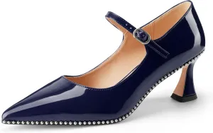 Women's Kitten Heels Patent Leather Closed Toe Heeled Mary Jane Pumps Ankle Strap Beaded Dressy Prom Wedding Sandals Shoes 2 inch