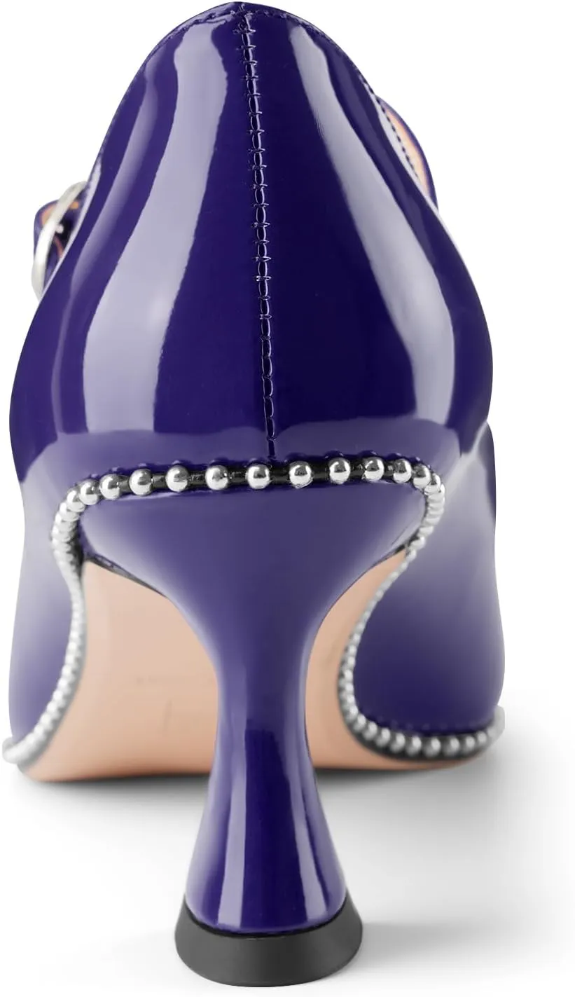 Women's Kitten Heels Patent Leather Closed Toe Heeled Mary Jane Pumps Ankle Strap Beaded Dressy Prom Wedding Sandals Shoes 2 inch