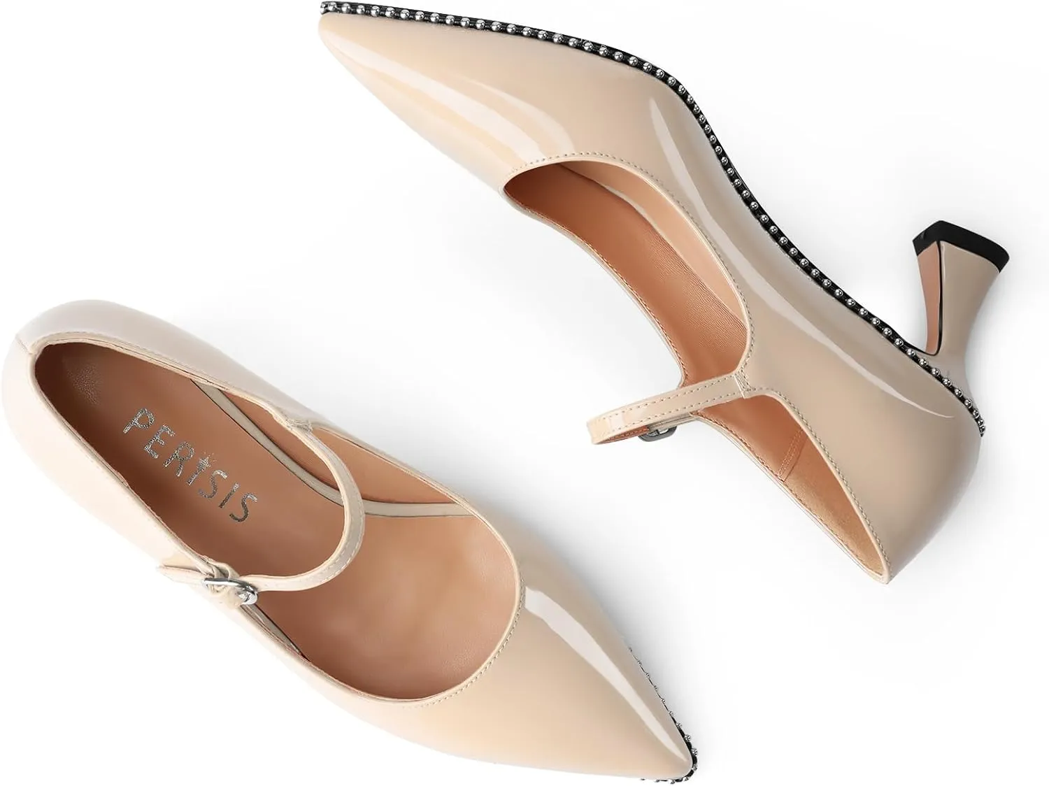 Women's Kitten Heels Patent Leather Closed Toe Heeled Mary Jane Pumps Ankle Strap Beaded Dressy Prom Wedding Sandals Shoes 2 inch