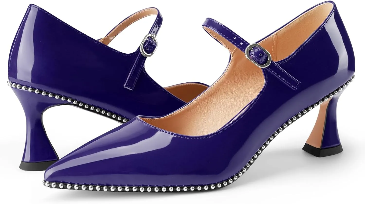 Women's Kitten Heels Patent Leather Closed Toe Heeled Mary Jane Pumps Ankle Strap Beaded Dressy Prom Wedding Sandals Shoes 2 inch