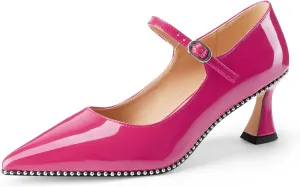 Women's Kitten Heels Patent Leather Closed Toe Heeled Mary Jane Pumps Ankle Strap Beaded Dressy Prom Wedding Sandals Shoes 2 inch