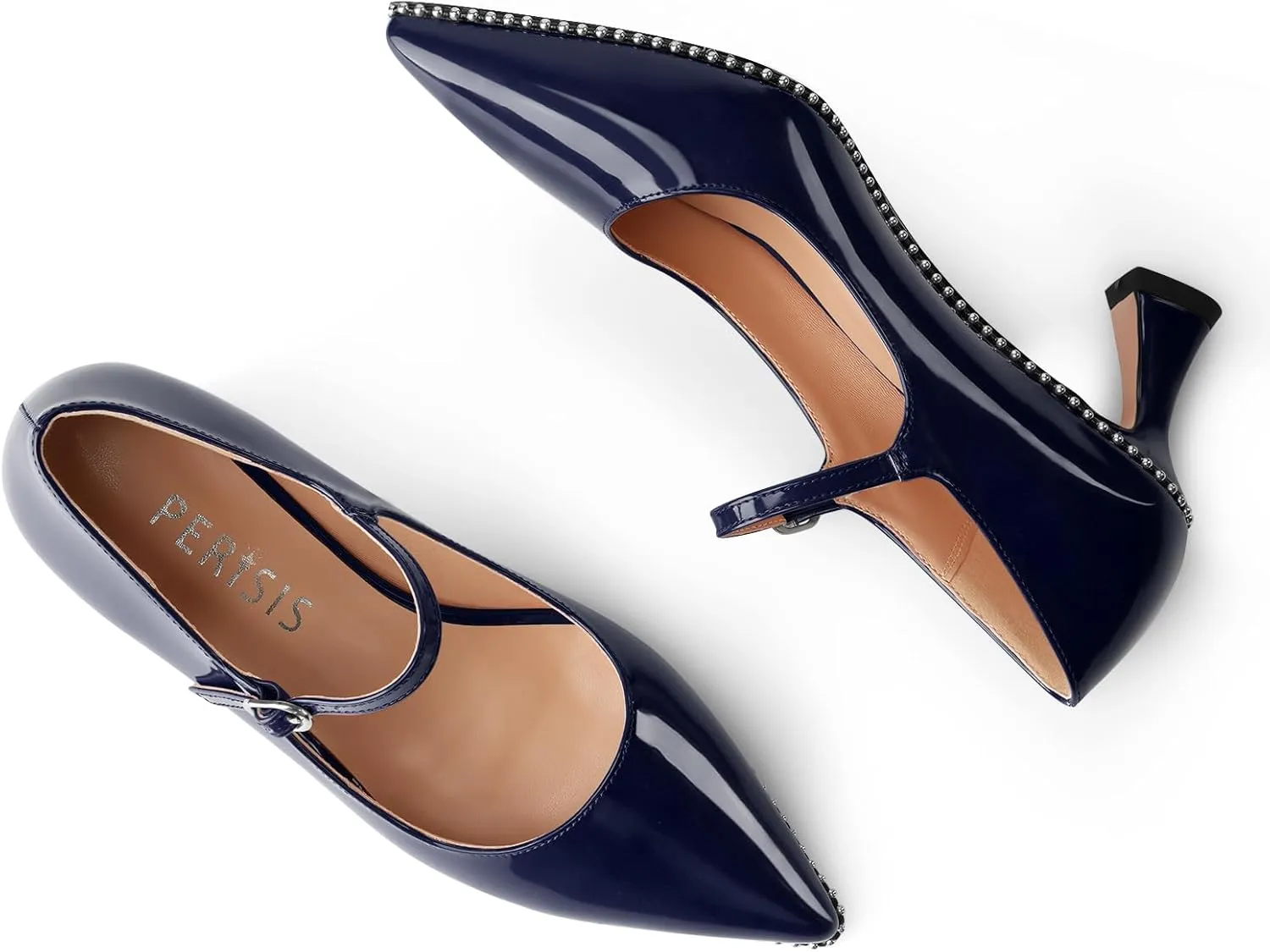 Women's Kitten Heels Patent Leather Closed Toe Heeled Mary Jane Pumps Ankle Strap Beaded Dressy Prom Wedding Sandals Shoes 2 inch