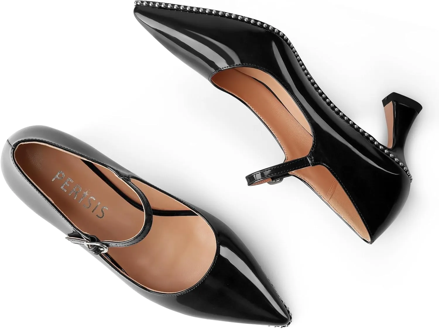 Women's Kitten Heels Patent Leather Closed Toe Heeled Mary Jane Pumps Ankle Strap Beaded Dressy Prom Wedding Sandals Shoes 2 inch