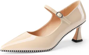 Women's Kitten Heels Patent Leather Closed Toe Heeled Mary Jane Pumps Ankle Strap Beaded Dressy Prom Wedding Sandals Shoes 2 inch
