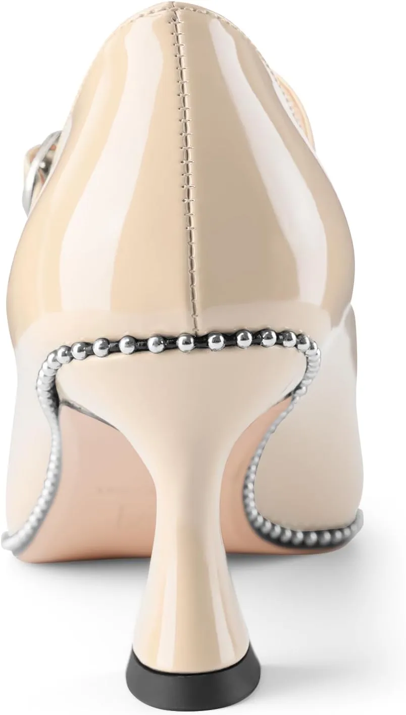 Women's Kitten Heels Patent Leather Closed Toe Heeled Mary Jane Pumps Ankle Strap Beaded Dressy Prom Wedding Sandals Shoes 2 inch