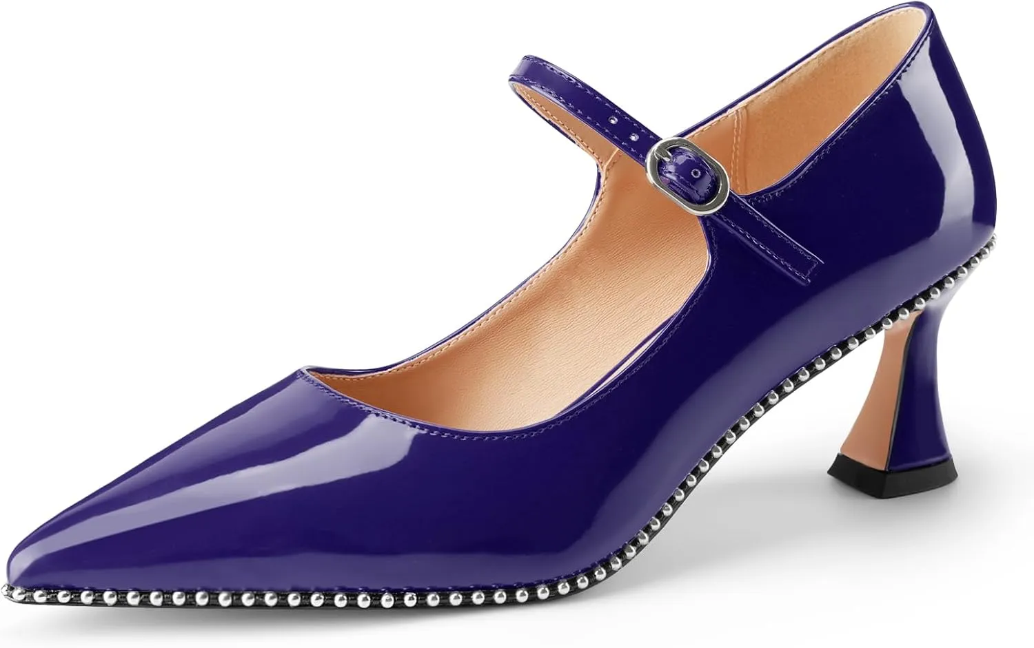 Women's Kitten Heels Patent Leather Closed Toe Heeled Mary Jane Pumps Ankle Strap Beaded Dressy Prom Wedding Sandals Shoes 2 inch