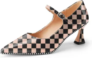 Women's Kitten Heels Patent Leather Closed Toe Heeled Mary Jane Pumps Ankle Strap Beaded Dressy Prom Wedding Sandals Shoes 2 inch