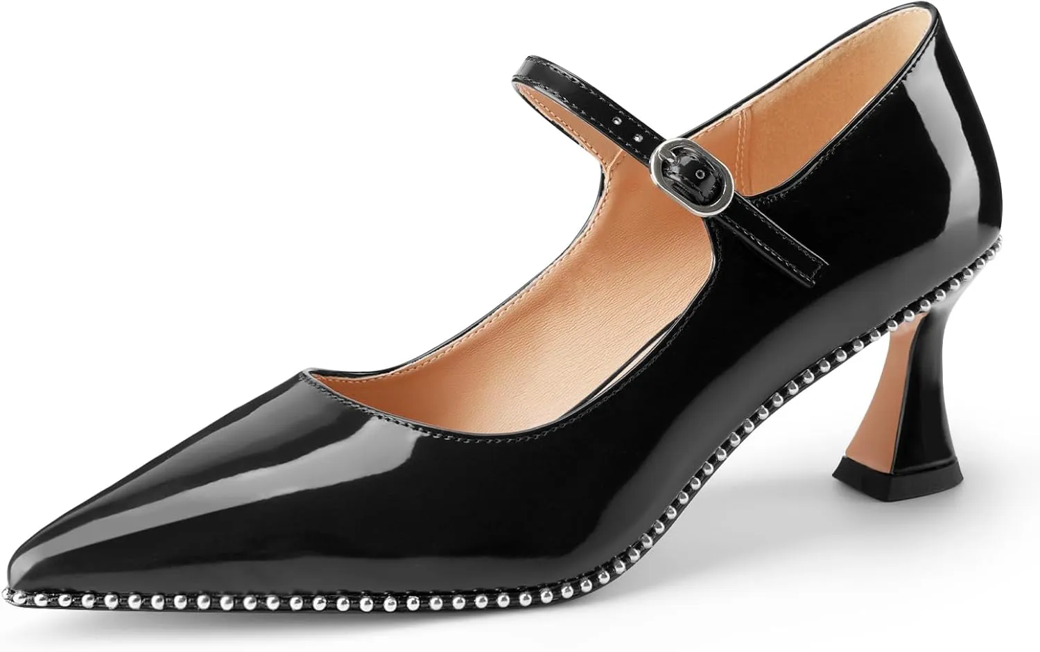 Women's Kitten Heels Patent Leather Closed Toe Heeled Mary Jane Pumps Ankle Strap Beaded Dressy Prom Wedding Sandals Shoes 2 inch