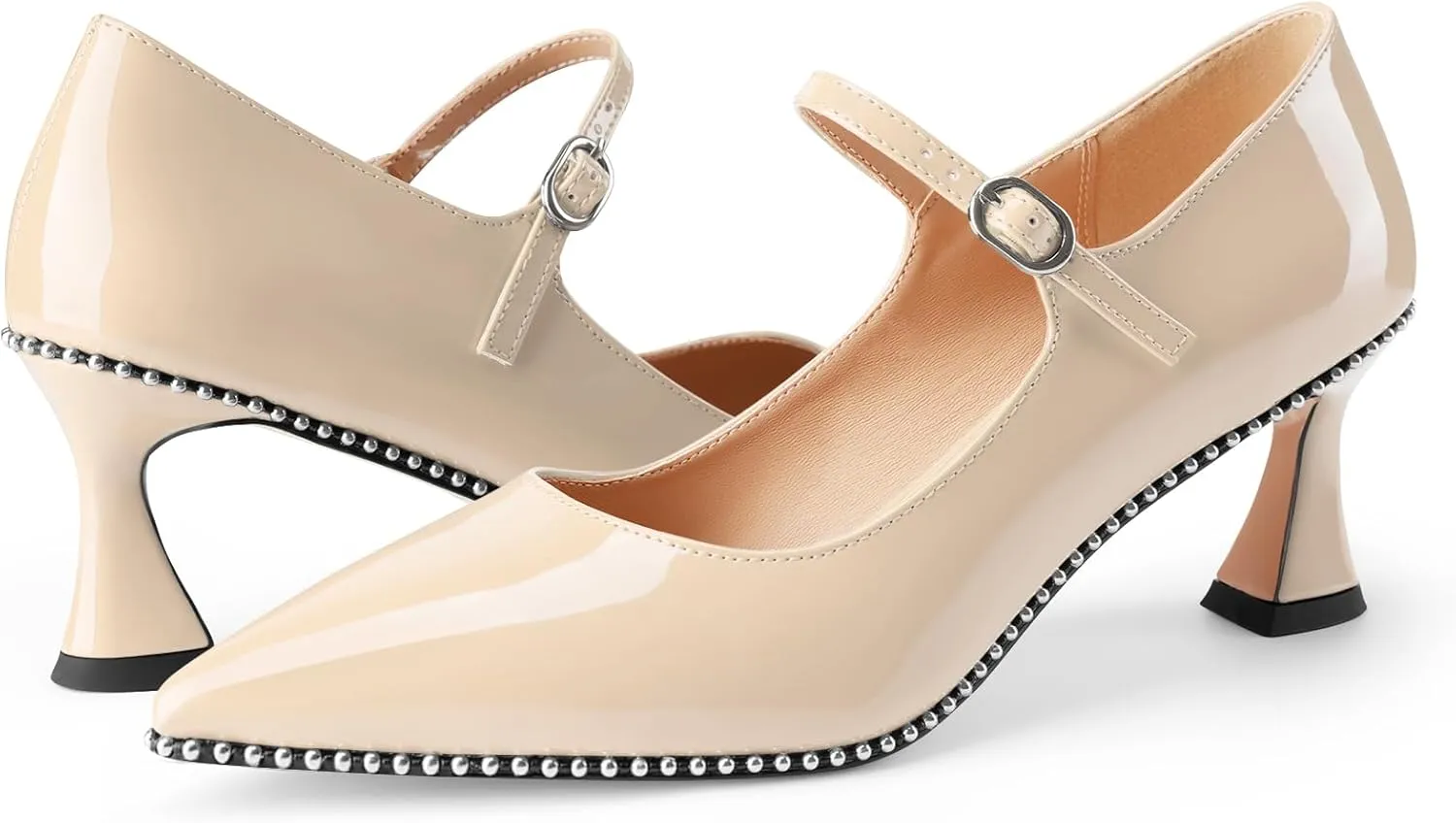 Women's Kitten Heels Patent Leather Closed Toe Heeled Mary Jane Pumps Ankle Strap Beaded Dressy Prom Wedding Sandals Shoes 2 inch