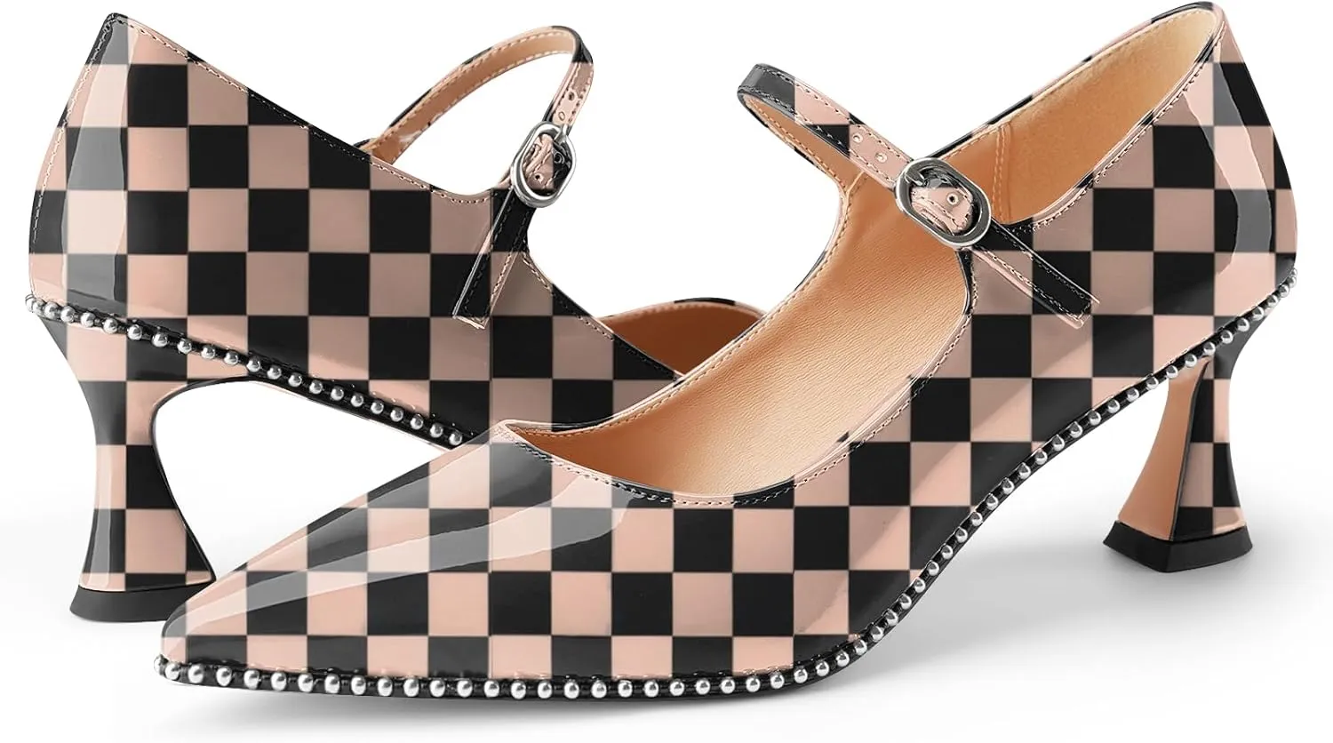 Women's Kitten Heels Patent Leather Closed Toe Heeled Mary Jane Pumps Ankle Strap Beaded Dressy Prom Wedding Sandals Shoes 2 inch
