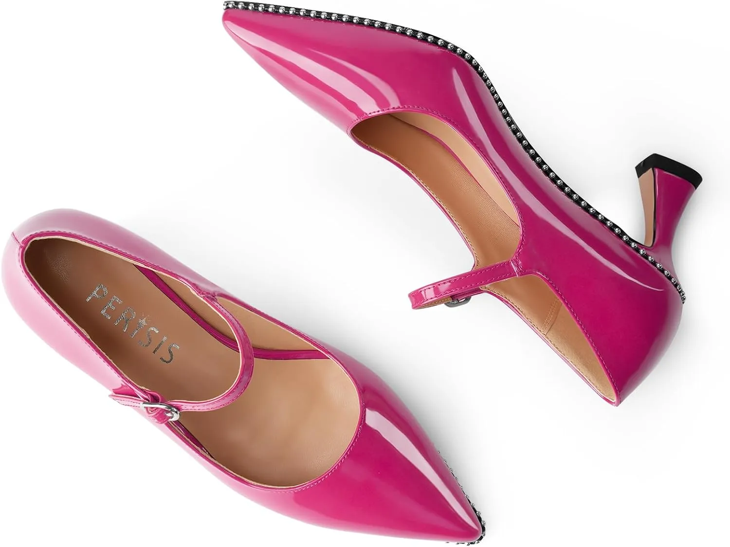 Women's Kitten Heels Patent Leather Closed Toe Heeled Mary Jane Pumps Ankle Strap Beaded Dressy Prom Wedding Sandals Shoes 2 inch