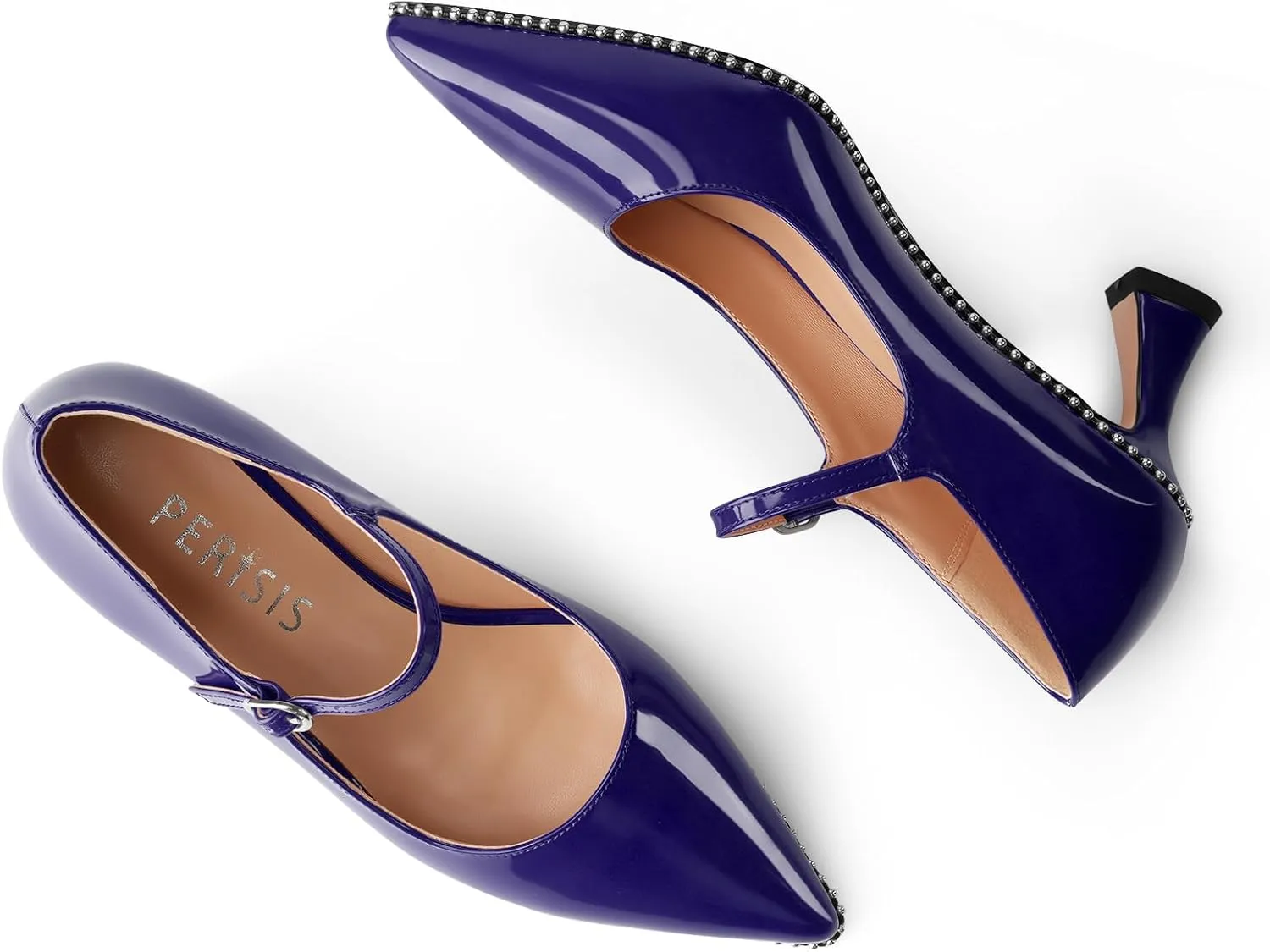 Women's Kitten Heels Patent Leather Closed Toe Heeled Mary Jane Pumps Ankle Strap Beaded Dressy Prom Wedding Sandals Shoes 2 inch