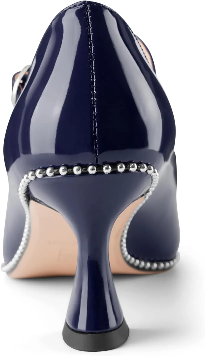 Women's Kitten Heels Patent Leather Closed Toe Heeled Mary Jane Pumps Ankle Strap Beaded Dressy Prom Wedding Sandals Shoes 2 inch