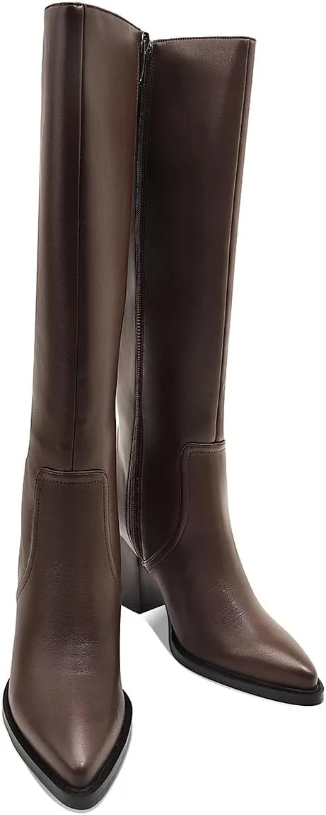 Womens Knee High Boots Retro Chunky Heel Pointed Toe Pull On Classic Knee High Boots for Women Girls Ladies Retro Tall Boot Winter Fall Fashion Boot