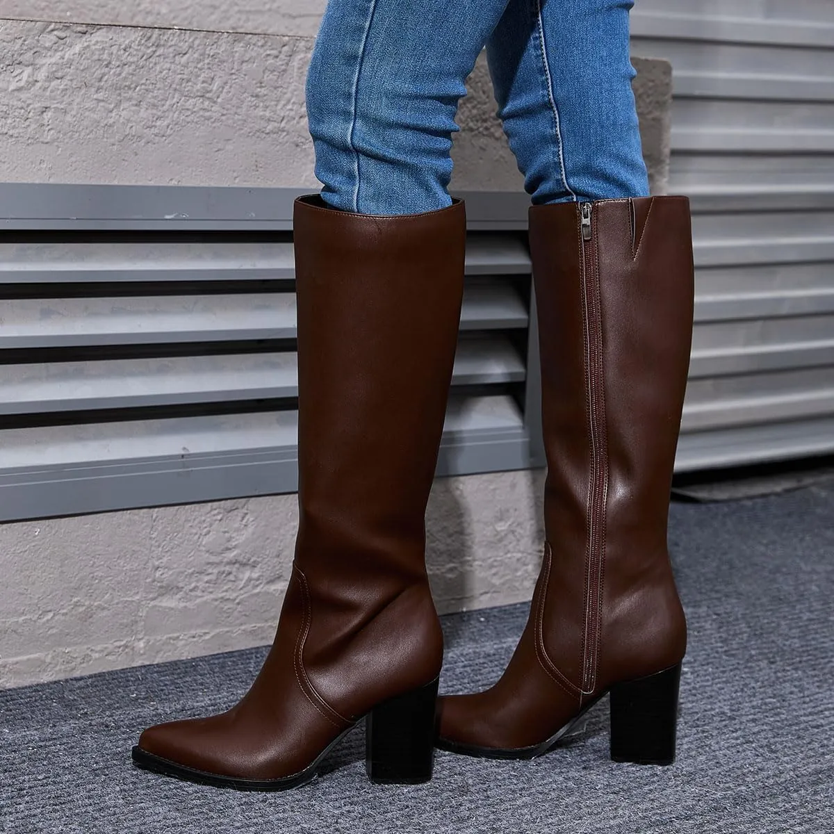 Womens Knee High Boots Retro Chunky Heel Pointed Toe Pull On Classic Knee High Boots for Women Girls Ladies Retro Tall Boot Winter Fall Fashion Boot