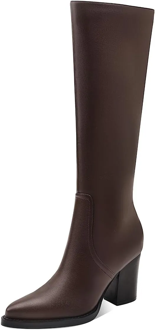 Womens Knee High Boots Retro Chunky Heel Pointed Toe Pull On Classic Knee High Boots for Women Girls Ladies Retro Tall Boot Winter Fall Fashion Boot