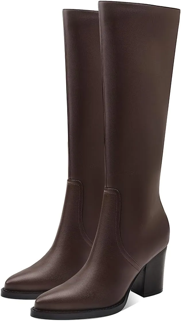 Womens Knee High Boots Retro Chunky Heel Pointed Toe Pull On Classic Knee High Boots for Women Girls Ladies Retro Tall Boot Winter Fall Fashion Boot