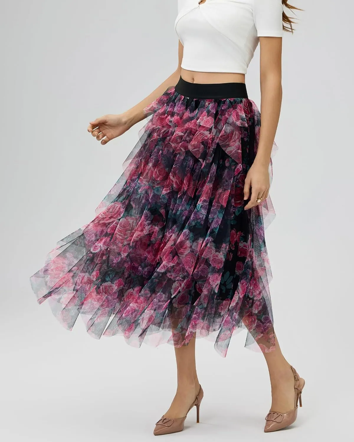 Women’s Layered Ruffles Tulle Skirt Pleated High Waist Fluffy Maxi Skirt Fairy Cake Dress Long Tutu Party Skirt
