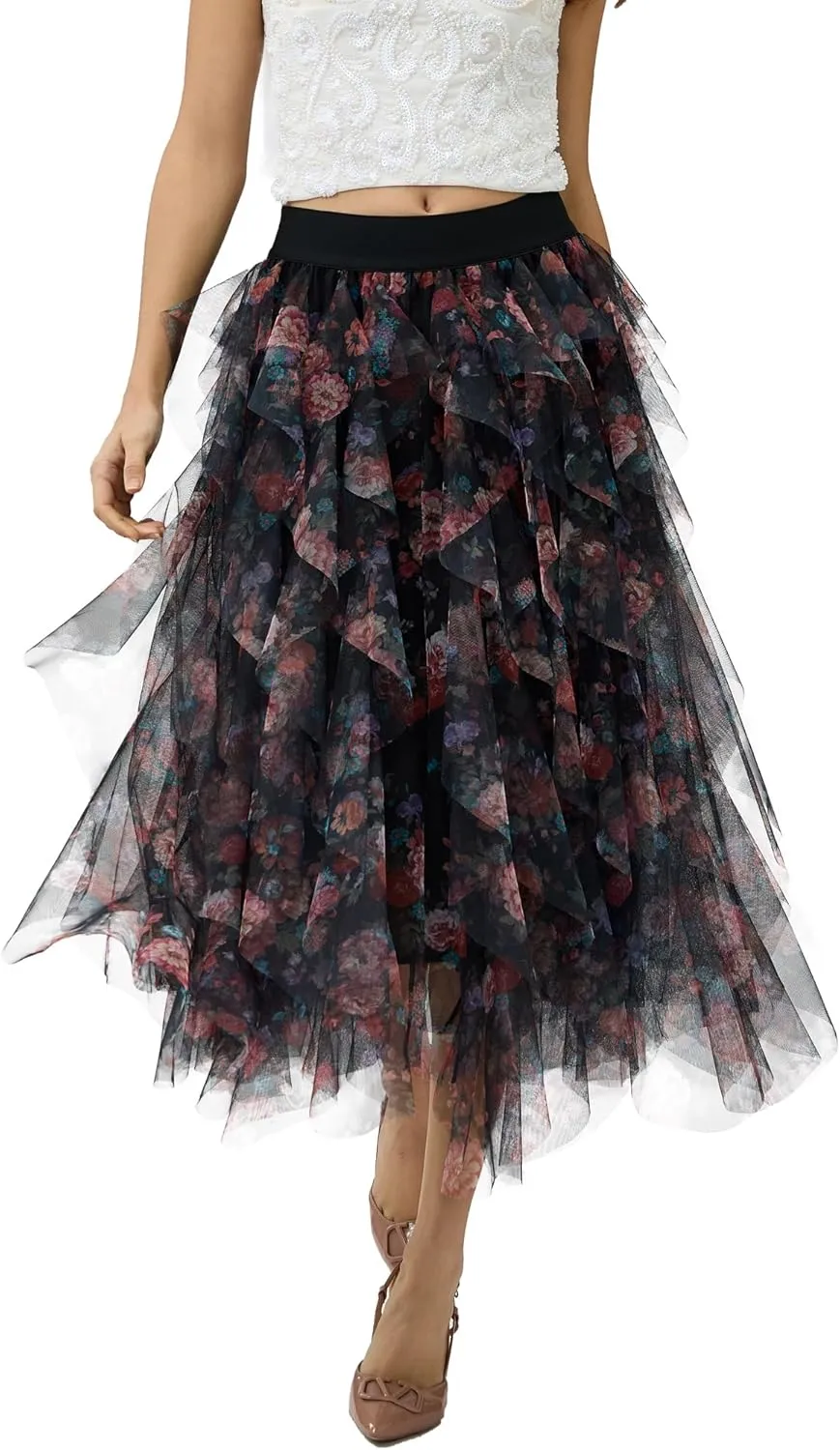 Women’s Layered Ruffles Tulle Skirt Pleated High Waist Fluffy Maxi Skirt Fairy Cake Dress Long Tutu Party Skirt