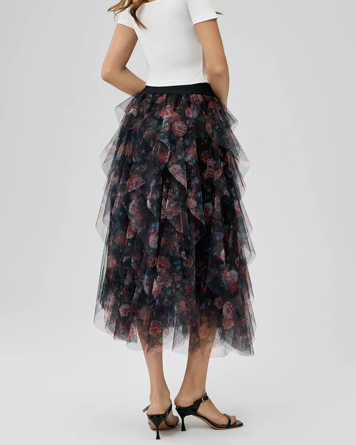 Women’s Layered Ruffles Tulle Skirt Pleated High Waist Fluffy Maxi Skirt Fairy Cake Dress Long Tutu Party Skirt